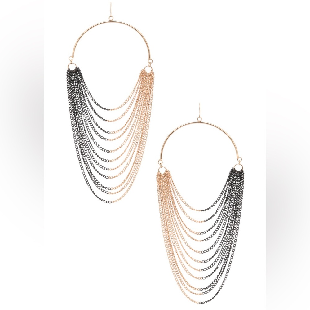 2-Tone Long Layered Chain Hoop Drop Statement Earrings